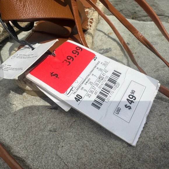 Zara Espadrille Brown Leather Tied Up Flat Sandals Women's Size 9 - Picture 6 of 9